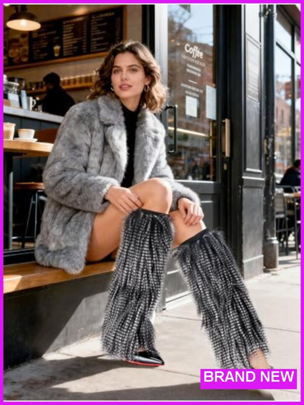 Faux Fur Furry Leg Warmers Rainbow Boot Cuffs Covers Winter Warm Knit - Picture 6 of 6